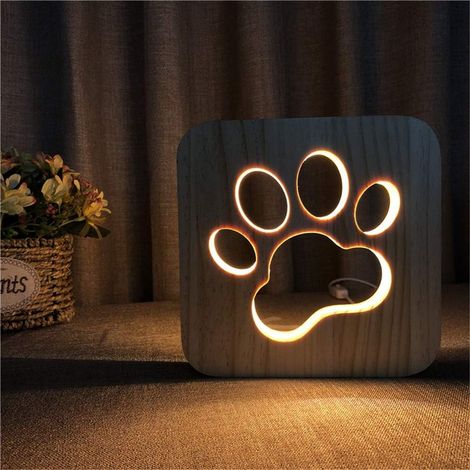 Filiyano – lampe de bureau ou – Veilleuse LED 3D en bois sculpté en forme de patte de chien, lumière blanc chaud, alimentation USB, décoration pour la (1/5)
