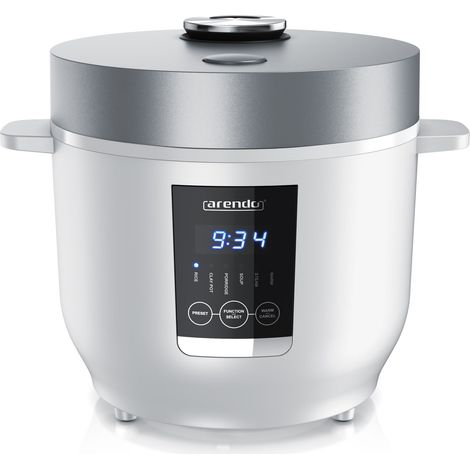 Arendo Digitaler Reiskocher mit 5 Programmen, 350W, 2 Liter, Timer- und Warmhaltefunktion, BPA-frei, inkl. Messbecher & Reislöffel, Weiß/Silber (1/5)