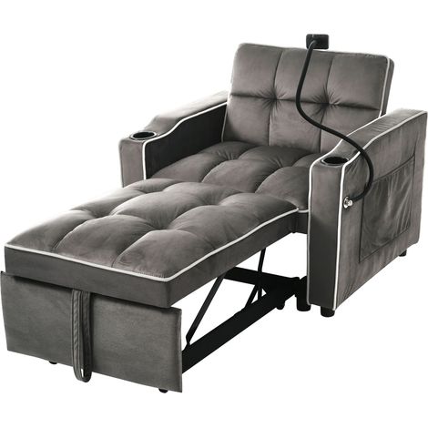 Canapé convertible 1 place gris foncé, couchage 3-en-1 avec porte-gobelets et poches, 83 x 167 x 76 cm, pour studio (1/5)