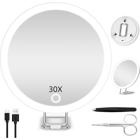 Miroir grossissant 30X avec éclairage, 3 Couleurs d'éclairage, Miroir de Maquillage Lumineux Rechargeable de 15 cm, Miroir de Voyage Portable grossissant 30X pour Les travaux de précision (1/5)