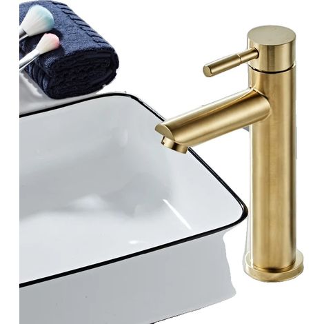 Robinet de salle de bain, laiton massif, design contemporain, or brossé haut 1 (1/2)
