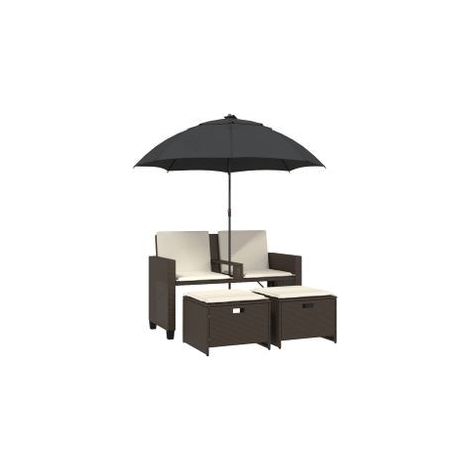 Canapé de jardin 2 places et parasol et tabourets marron rotin (1/5)