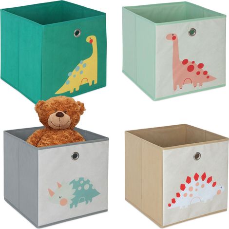 Relaxdays Set 4 contenitori per bambini con dinosauri, pieghevoli per scaffali a cubi 30x30x30 cm, tessuto multicolore