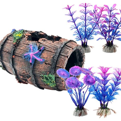 Décoration pour aquarium Betta : 1 étoile de mer en résine en forme de tonneau cassé + 4 plantes aquatiques artificielles colorées - Accessoires pour aquarium (cachettes) pour poissons d'eau douce (1/5)