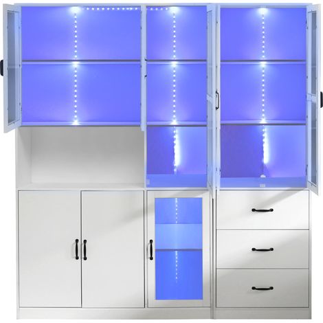 Vitrina combinada blanca con LED de aglomerado y vidrio 180 x 40 x 200 cm, 8 puertas, 3 cajones (1/5)