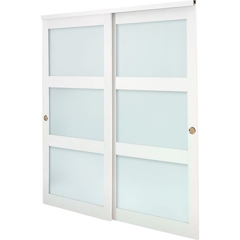 Porte placard coulissante 182,9 x 203,2 cm, double 94 cm, 3 vitres dépoli, bois massif MDF, PVC étanche, chambre, dressing (1/5)