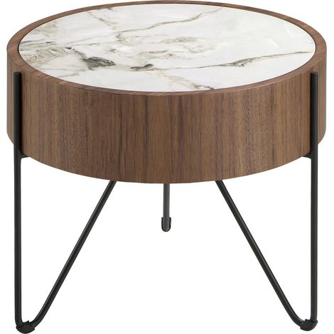 Table d'appoint Angel Cerdá ronde en noyer et marbre blanc - Noyer veiné et marbre blanc brillant (1/5)