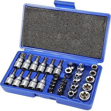 BelleRise - 34 Pièces Coffret de Douilles torx 3/8', CR-V Matériau profil E4-E20, Embout torx étoilé 5/16'-3/8' en Acier S2 profil T10-T60 (1/4)