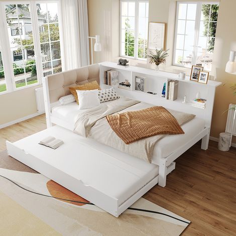 Lit d'enfant, canapé-lit 90x200 cm, avec lit escamotable, bande LED dimmable, étagère, port USB, pin, blanc (1/5)