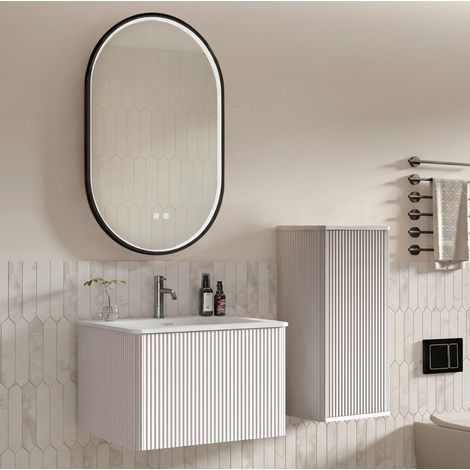Mobile bagno con lavabo, mobile sospeso 60 cm, specchio LED, bianco HAVRYA (1/5)