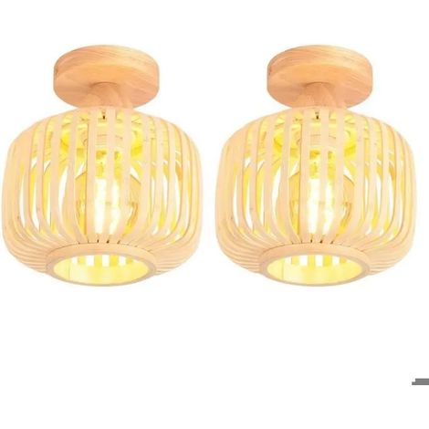 2pcs Rétro Plafonnier en Bois et Bambou Lustre Industriel E27 Luminaire Abat-Jour Design Cage pour Chambre Salon Entrée (1/5)