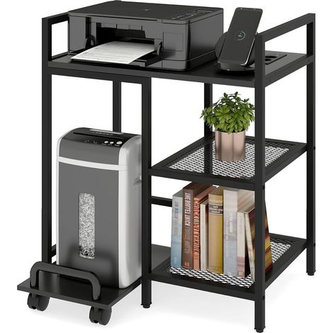 COSTWAY Support dImprimante avec Station de Charge, Table dImprimante à 3 Niveaux avec Étagères de Rangement, Support Mobile avec roulettes Verrouillables, pour Bureau, Chambre (Noir) (1/5)