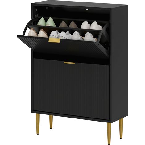 Schuhschrank für 12 Paar Schuhe, 2 Kippschubladen, geriffelte Türen, verstellbare Einlegeböden, 60 x 24 x 91,5 cm, schwarz