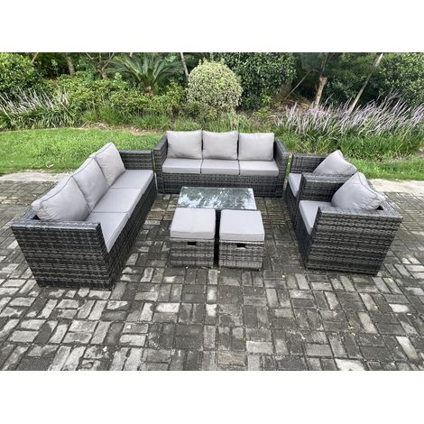 Fimous Wicker PE Rattan Sofa Set Outdoor Patio Garden Furniture with 2 Armchairs Oblong Coffee Table 2 Small Footstools Dark Grey Mixed (1/5)