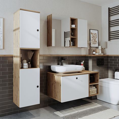 Roomart LOTUS-I-95 Bad-Set 4-tlg 95 cm breit, Weiß-Eiche