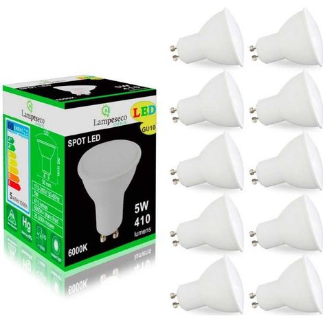 Lampesecoenergie – Pack de 10 ampoules LED GU10 5W blanc froid 120° – Éclairage puissant et économe en énergie – Angle de diffusion large 120°