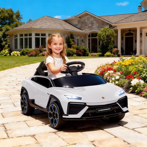 Elektroauto für Kinder, Lamborghini-Elektrofahrzeug, 12 V, 2,4-GHz-Fernbedienung und 2 Motoren, Höchstgeschwindigkeit 4 km/h, weiß
