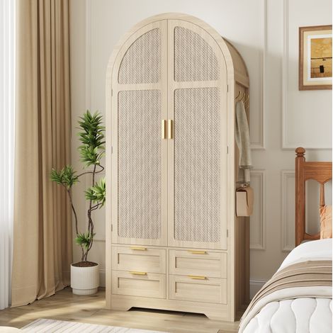 Armario 80x50x179 cm color roble en MDF con puertas curvas, ratán, barra para colgar y cajón (1/5)