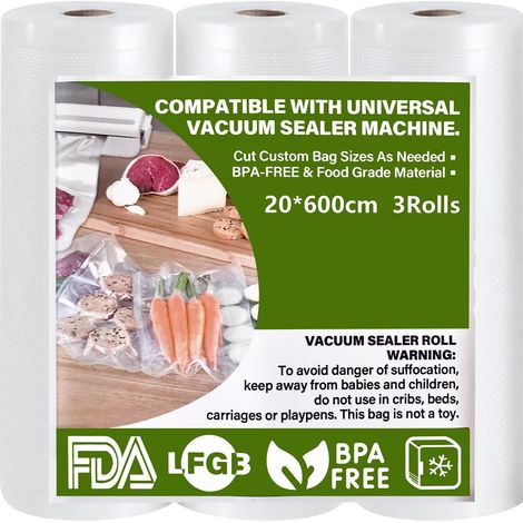Sac Sous Vide Alimentaire, 3 Rouleau Sous Vide Alimentaire 20 x 600 cm, 150 µm Sans BPA Antidéchirure, Film Sous Vide Alimentaire pour Machine Sous Vide Alimentaire et L'appareil Cuisson (1/5)