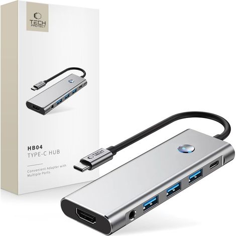 Adattatore hub Tech-protect HB04 9 in 1: Type-C + USB 2.0 + USB 3.0 + HDMI 4K 60Hz + SD/TF + PD100W + AV3.5, grigio siderale. (1/5)