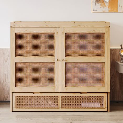 Lit mural escamotable 140x200 cm, lit pliant vertical à lattes en bois avec tiroirs, design rotin, pour chambre enfant ou adulte, lit simple, couleur bois naturel (1/5)