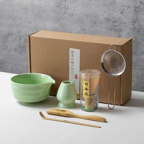 Keramik-Teeservice, bestehend aus einer Matcha-Schale, einem Matcha-Besenständer und einem Matcha-Besen, 5-teiliges Set – Perfect Green