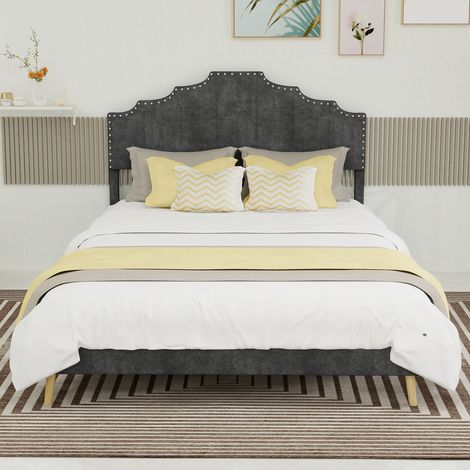 Lit moderne minimaliste et moelleux, tête de lit confortable et douce, 140200CM, gris, meuble de chambre multifonctionnel, cadre de lit bas sans vérin à gaz, matelas non inclus. (1/5)
