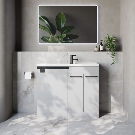 Napoli 250 Gloss Grey Pearl 1000mm 2 Door Vanity Unit Toilet Suite with Square Silvo Basin - 1000mm - Matt Black 160mm HandleWithout Kingston Toilet Pan