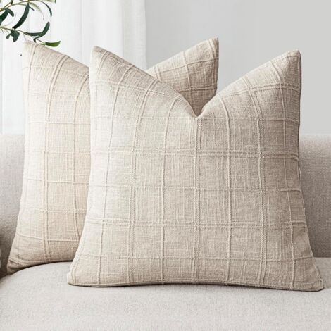 Lot de 2 housses de coussin décoratives en lin à carreaux, style vintage, neutre, style ferme, décoration bohème moderne pour canapé, 45 x 45 cm, beige naturel