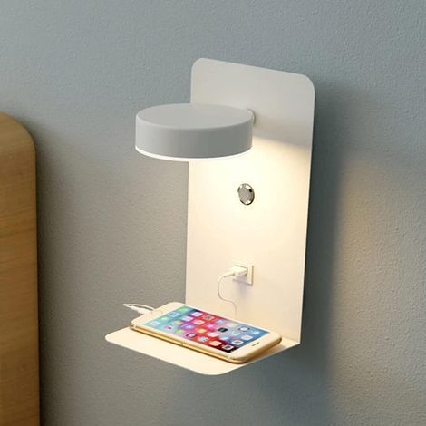 12W Bedside Wall Light with Switch and USB Interface, LED Modern Indoor Wall Light, Tricolor Dimmable Reading Light, 330° Adjustable Wall Lamp, With Tray, Bedside Lamp,White