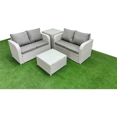 Fimous 4 Seater Outdoor Love Sofa Set Rattan Garden Furniture Set with Square Coffee Table Side Table Light Grey (1/4)