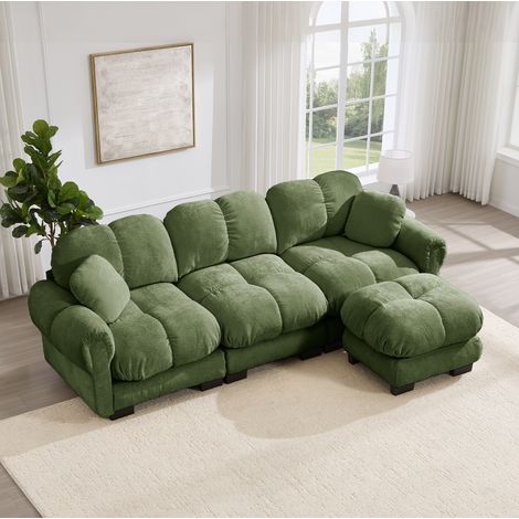 Divano angolare 3 posti 260x149x90 cm in ciniglia verde con ottomana mobile – MEUBLIV (1/5)