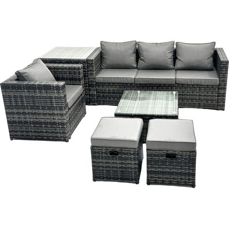 Fimous Outdoor Rattan Garden Furniture Set 6 Seater Patio Lounge Sofa Set with Armchair Square Coffee Table Side Table 2 Small Footstools Dark Grey Mixed (1/5)