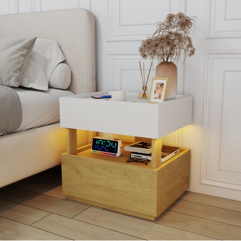 Mesita de noche con carga inalámbrica, LED y 2 cajones, blanco y madera natural OKMYHOME (1/5)