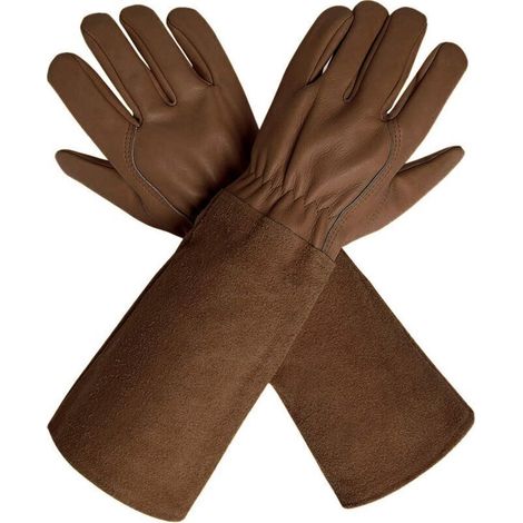 Gants d'Élagage en Cuir de Vache, Manches Extra Longues, Résistants aux Épines pour Jardinier, Taille Small Marron (1/4)