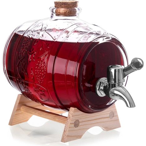 Dispenser di bevande in vetro con rubinetto e supporto in legno (1/5)