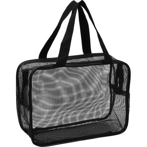 Grand sac de douche en maille zippée, sac fourre-tout pliable pour la plage, la natation, le camping, le rangement de jouets (noir) (1/4)