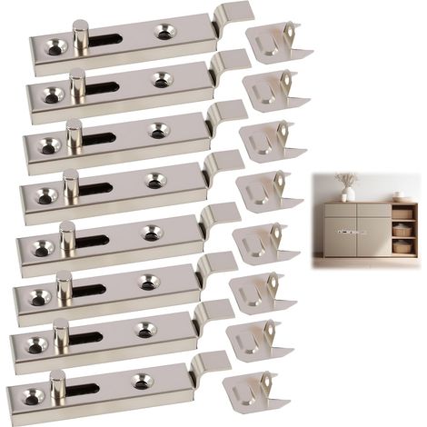 8 pièces Verrou en acier pour meubles – de loquets en acier pour portes, armoires, placards, salle de bain, cuisine, garage – Dimensions 70 x 13,5 mm, finition nickelée, avec déverrouillage à (1/5)