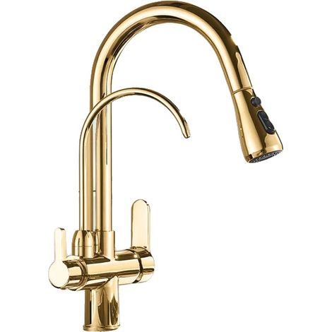 Rubinetto da cucina, struttura in ottone resistente, funzionamento a doppia maniglia, Gold B (1/2)