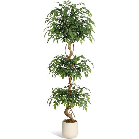Figuier artificiel 180 cm Feuillage soyeux ultra-réaliste Tronc courbé et lianes Pot blanc moderne Sans entretien Plante décorative intérieure (1/5)