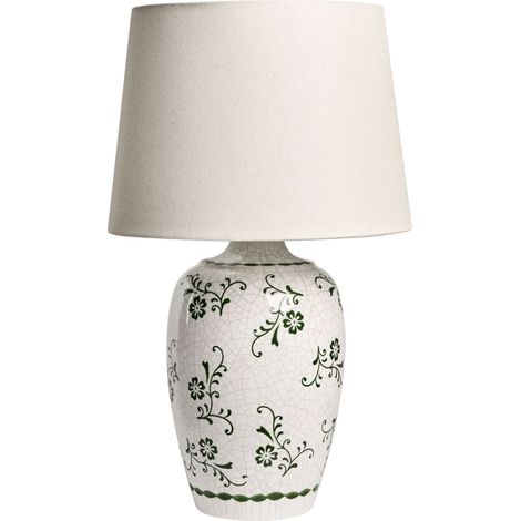 Lampe de Table Style Cottage Base en Céramique Abat-jour en Lin Forme Tambour Motif Floral Blanc Brillant Billy (1/5)