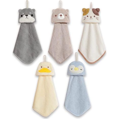 Lot de 5 essuie-mains à suspendre avec boucle de suspension absorbante en polaire corail pour salle de bain - Torchon doux et épais - Essuie-mains ronds (5 couleurs) (1/5)