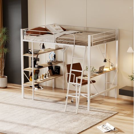 Hochbett 90x200 cm Mit Schreibtisch Und Regalen, In Weißem Metall (1/5)
