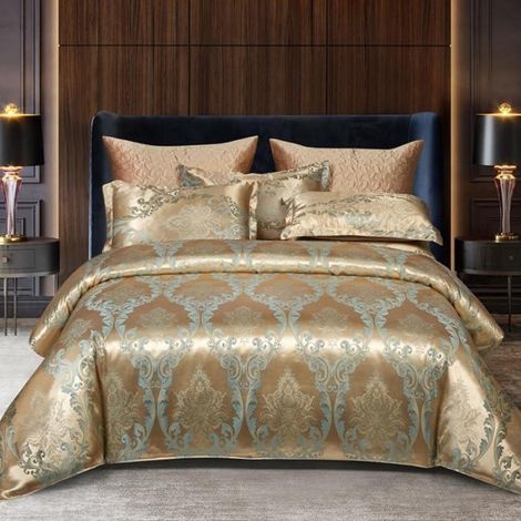 Bettwäsche 135x200cm 4-teilig Gold Satin Jacquard mit Blumenmuster, kühlend