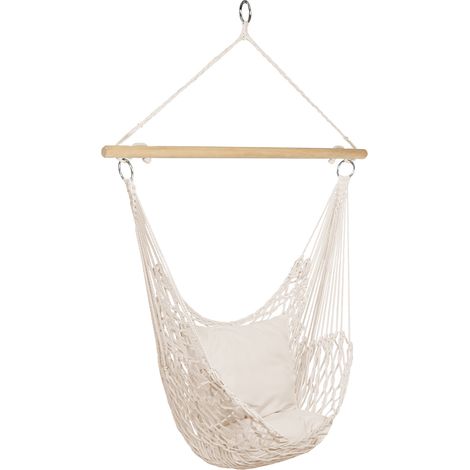 Idmarket – Fauteuil suspendu macramé 2 coussins 42x42 cm – Structure en bois – Fixation métal 6 cm – Supporte jusqu'à 150 kg