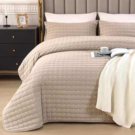 Couvre Lit Matelassé Super Doux et Confortable en Coton Lavé, Couvre Lit avec un Motif Moderne de Point de Croix (Kaki, 240x260cm) (1/5)
