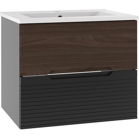 Mueble lavabo individual encastrado 60cm Sylla Negro y madera (1/4)