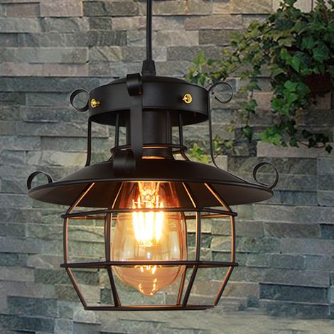 Lustre LED en fer forgé E27, lustre cage en fer forgé de style industriel campagnard américain, éclairage rétro unique pour bar/café, 100-240V (source lumineuse non incluse), noir. (1/5)