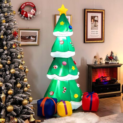 GOPLUS 180 CM Sapin Noel Gonflable,Arbre Noel Gonflable, Etoile de Cime, Bonbons Colorés, Boîte Cadeau, Lumières LED, Décoration Noel Exterieur Lumineuse Autogonflante 76x70x180CM (1/4)