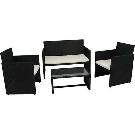 Garden Friend Living Room Valencia (2 Sessel 1 Sofa 1 Tisch) schwarzer Polyrattanbezug mit weißen Kissen (1/2)